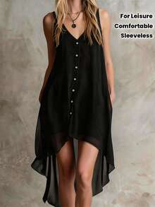 Sleeveless V-Neck Midi-Length Chiffon Loose-Fitting Casual Dress, A Stylish, Comfortable, Elegant And Versatile Casual Holiday Dress, Suitable For Leisure Vacations, Weekend Parties And Holiday Trips, An Elegant Dress For Special Occasions - 黑色 - 查看 7