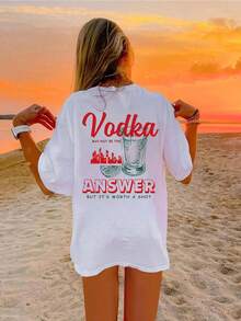 - Modern damt-shirt med vodka- och cocktailtryck, korta ärmar och rund hals, perfekt för sommar och vår, en sommaroutfit för kvinnor. - Vitt - Visa 6