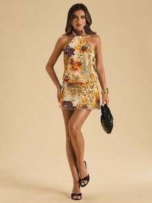 Vestido corto de verano elegante y sexy con estampado floral y espalda descubierta - Amarillo claro - Ver 5