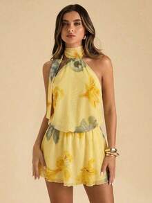 Vestido corto de verano elegante y sexy con estampado floral y espalda descubierta - Verde 2 - Ver 8