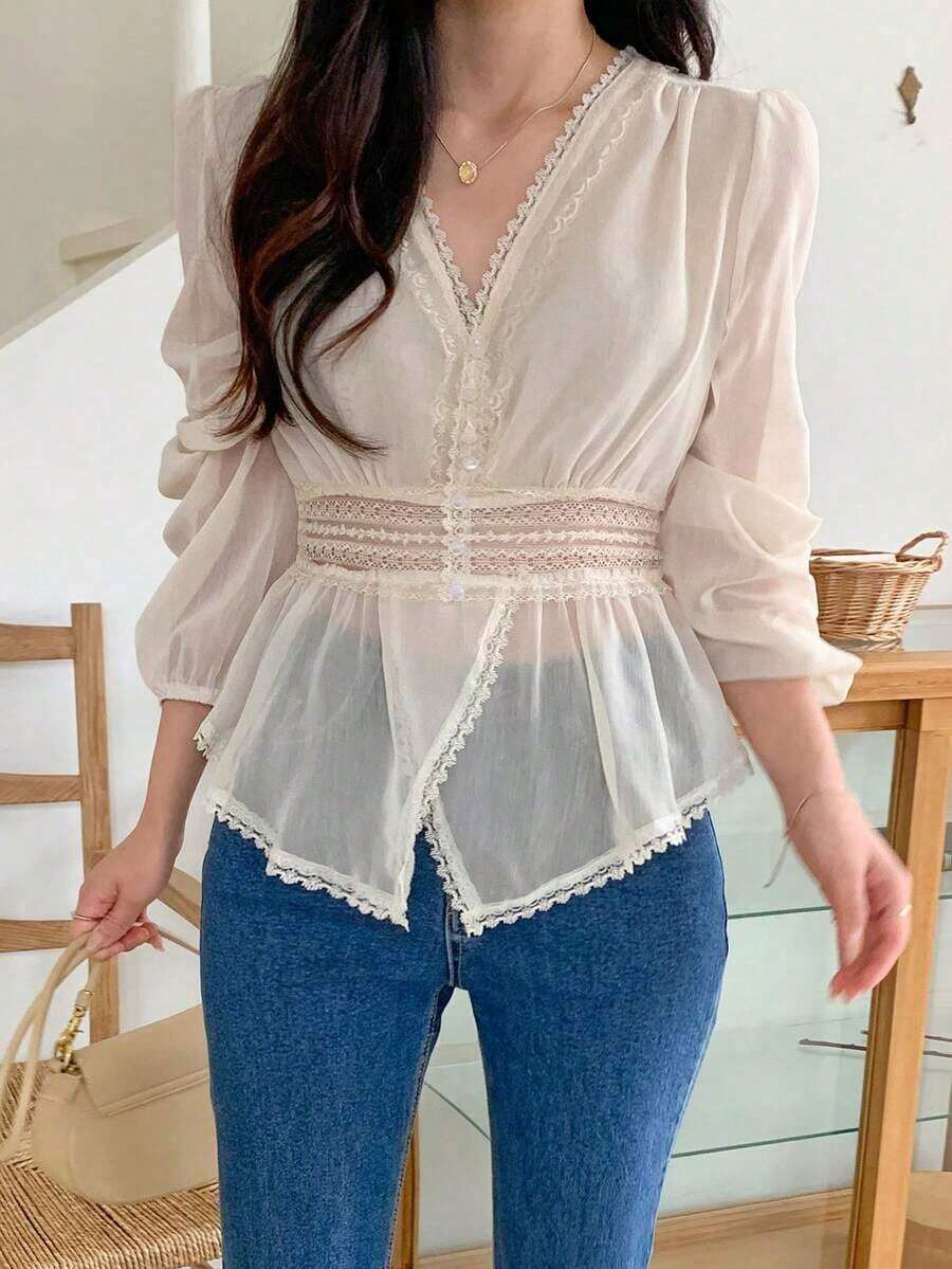 Blusa de mujer con cuello en V, cintura ceñida y parches de encaje y gasa - Albaricoque - Ver 1