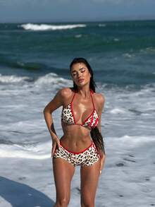 New 2026 Fashionable Sexy Two Piece Swimsuit For Women, Leopard Print Halter Neck Bikini For Women - 9373 Leopard Print Bikini - View 1