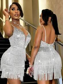 CHOSMO Vestido de fiesta corto con cuello en V sin mangas y espalda descubierta, con lentejuelas doradas y flecos, para bodas y Año Nuevo - Plateado - Ver 3