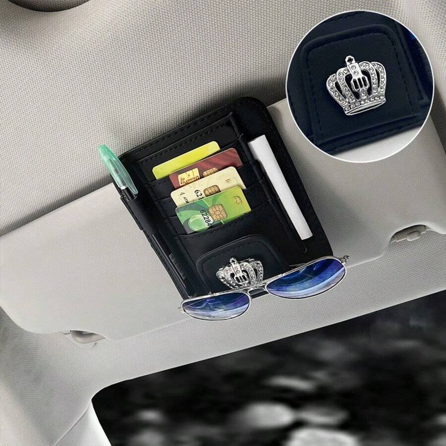 1個皇冠造型汽車收納整理器,多功能眼鏡架、卡片/身分證收納袋,優雅皇冠裝飾,通用款 - 皇冠 - 查看 1