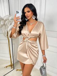 AIJ Amarilo Women's Yellow Solid Color Elegant Casual Formal Sexy V-Neck Kimono Sleeve Open Back Twist Knot Mini Dress, Suitable For Summer, Spring, Beach, Resort, Party, Wedding Guest, Graduation, Prom, Holiday, Daily Wear - Apricot - View 4