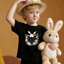 Soft And Casual Cotton T-Shirts For Boys, With A Round Neck, DADDY BUNNY Design, Watercolor Style, With A Rabbit Head Print And Floral Wreath, Easter Theme. Black Color. - 黑色 - 查看 8
