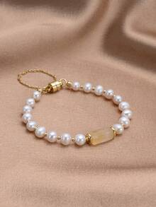 1 pieza Pulsera de perla natural chapada en oro de 18K, regalo para el Día de la Madre, San Valentín, cumpleaños, boda, compromiso, novia - citrino - Ver 1