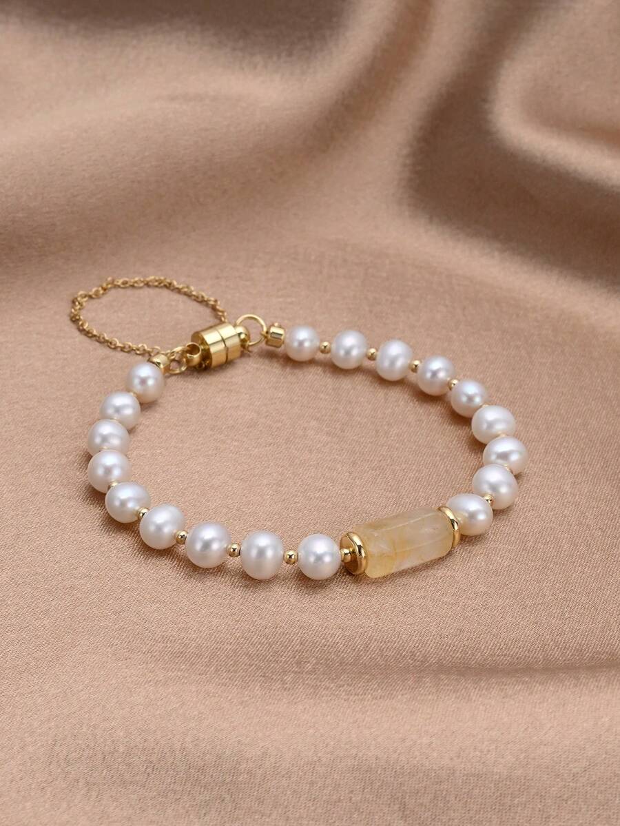 1 pieza Pulsera de perla natural chapada en oro de 18K, regalo para el Día de la Madre, San Valentín, cumpleaños, boda, compromiso, novia - citrino - Ver 1