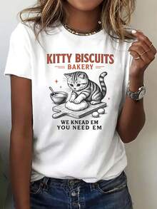 Women's "Kitty Biscuits Bakery" Feline Humor Graphic T-Shirt, Short Sleeve Crew Neck Top With Adorable Kitten Kneading Dough And The Witty Slogan "We Knead Em You Need Em" - Perfect Gift For Pet Clothing Fans And Fans Of Quirky Outfits - 白色 - 查看 1