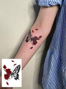 1 Tattoo Sticker - Black And Gray Butterfly Red Rose Retro Cool Square Tattoo Design. Temporary Tattoo Sticker. Washable PVC. One-Time Use. Waterproof And Sweat-Proof. Suitable For Hands, Arms, Waist, Abdomen, Back, Legs. Non-Reflective. Simulated Tattoo Design. Suitable For Travel, Music Festivals, Games, Graduation Gifts. Daily Use. For 3-5 Days. - Multicolor - View 1