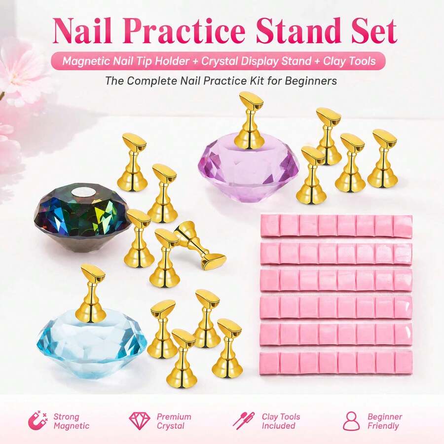 Conjunto de Suporte Magnético para Prática de Unhas com Base de Cristal + Argila Reutilizável, Kit de Treino de Arte de Unhas para Iniciantes - Multicolorido - Ver 1