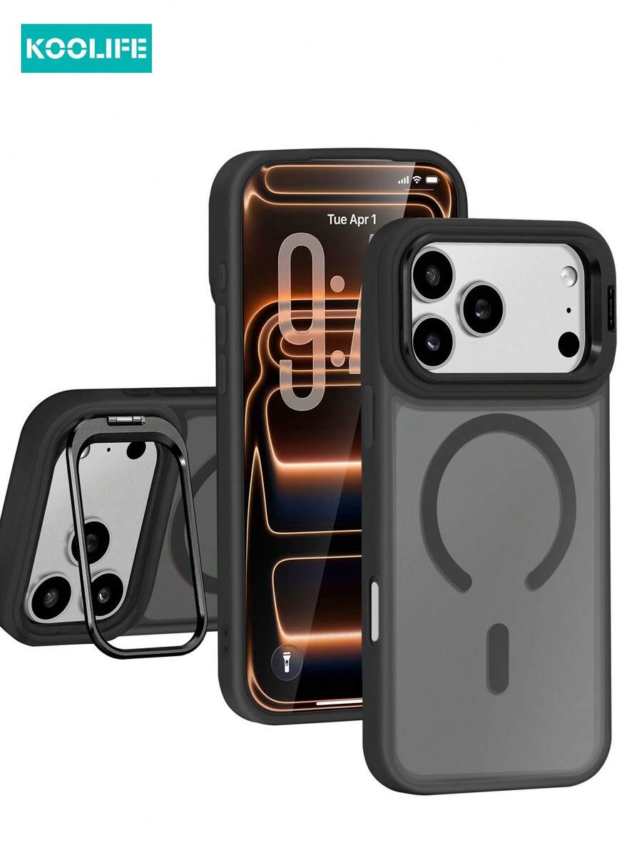 Koolife 1pc Black Premium Magnetic Phone Case, With Metal Lens Holder, Acrylic Matte Back Texture, Compatible With IPhone 18pro/18promax/16, 16 Pro, 16 Pro Max, 17, 17 Pro, 17 Pro Max, Supports Magnetic Wireless Charging - Black - View 1