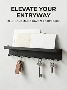 1pc Wall Mounted Key Holder With Hooks And Shelf, Easy To Install, Space Saving, Wall Hanging Storage Rack For Keys, Mail, Coats And More. Suitable For Entryway, Kitchen, Office And Other Locations. - Black - View 2