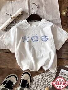 Summer Holiday T-Shirt / Starfish And Shell Print / Casual Beachwear For Holidays / Comfortable And Breathable Round Neck Short Sleeve Top / Women's T-Shirt / Suitable For Home Or Outings / Essential For Spring, Summer And Autumn, Women's Summer Outfit - White - View 6