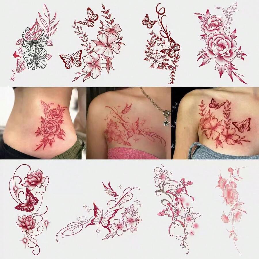 Chinese Style Red Floral Temporary Tattoo Sticker, Water-Washable, Disposable, Waterproof, Sweat-Proof, Non-Reflective, Suitable For Arms And Back, Realistic Tattoo Design, Lasts 3-5 Days, Perfect For Fashion-Forward Users - Multicolor - View 1