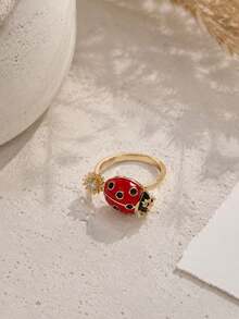 1 pieza Anillo abierto giratorio de mariquita de cobre, anillo giratorio de mariquita esmaltado con flor de circonita, anillo abierto ajustable de animal - Anillo giratorio con forma de mariquita - Ver 9