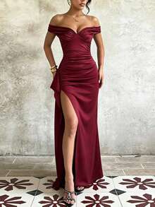 Summer Dress, Burgundy Off-Shoulder Fitted Elegant Women's Dress, High Slit To Thigh Sexy Formal Evening Gown Wedding Party - Burgundy - View 7