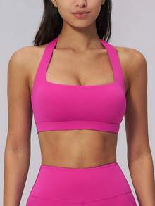 NcmRyu 1pc Women's Solid Color Halter Neck Backless Sports Camisole With Removable Pads - Hot Pink - View 7