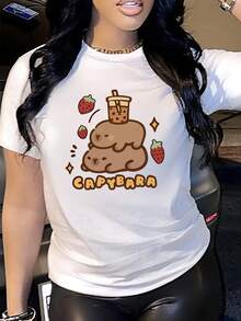 Printed T-Shirt 2026, Sexy European And American Style, Round Neck, Short Sleeve Women's Clothing, Capybara Print, Milk Tea And Strawberries, Sweet And Spicy Style, Ideal For Dates And Shopping. - 白色 - 查看 7