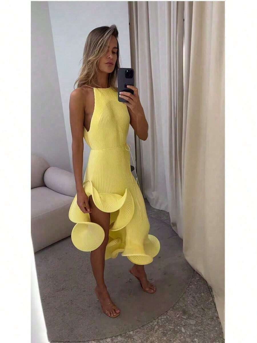 Summer Dresses For WomenIrregular Ruffle Summer Sexy Sleeveless Tie-Up Slim-Fit Dress Women's Casual Party Mini Dressdresses For Women - 黃色 - 查看 1