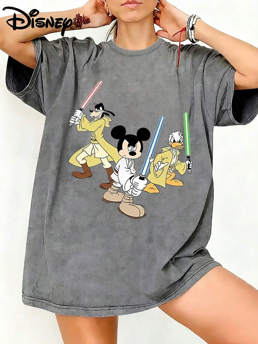 Disney Unisex TShirt   Mickey Goofy Donald Graphic Washed TShirt For Women, 100% Cotton Oversized Vintage Short Sleeve Tee, SciFi Crossover Themed Casual Top - 灰色 - 查看 1
