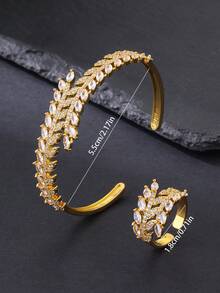 Bộ 2 món vòng tay và nhẫn hở tai hình lúa mì đan xen lấp lánh đá Cubic Zirconia cao cấp, mạ bạc/vàng, đa năng cho đeo hàng ngày, lễ hội, đám cưới, tiệc tùng, quà tặng tốt nghiệp, quà tặng sang trọng dành cho nữ. - Bông lúa mì khảm đá zircon - Xem 3