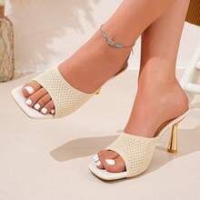 New Knit Hollow Square Toe Mule High Heel Sandals - Beige - View 9