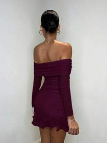 MEXSHEIN  Vestido mini elegante y dulce de manga larga con hombros abiertos, tejido de malla de unicolor, con volantes exagerados en el bajo, adecuado para reuniones de té por la tarde, salidas de moda, citas, salidas dulces, salidas nocturnas, fiestas navideñas, Noche Vieja, atuendos de mujer para vacaciones, vestidos de manga larga, atuendos sexys de mujer, atuendos de mujer para clubes, vestidos mini de manga largaMEX SSZD - Rojo violeta - Ver 2