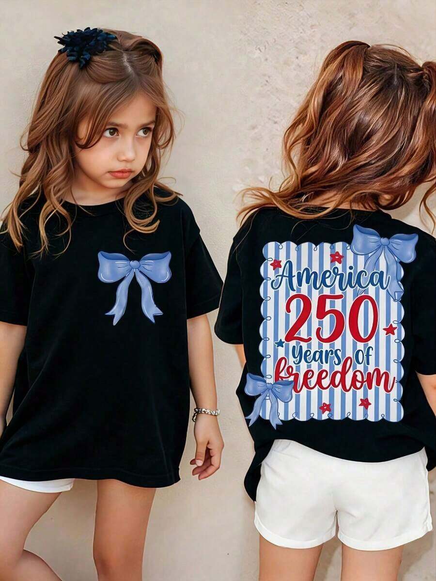 American Honey Kids' Short Sleeve T-Shirt With 4th Of July Cartoon Print, 180g, Soft, Comfortable And Breathable, Suitable For All Seasons, Perfect For Boys And Girls For Everyday Wear, School And Casual Sportswear. An Ideal Crew Neck T-Shirt For Holiday Parties, Gatherings, Outdoor Activities And Travel. - 綠色 - 查看 1