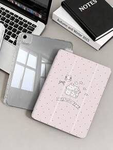 粉色波點兔子平板保護殼，相容 iPad Mini6/Mini7/Air/Air2/9.7/10.2/10.5/10.9 (Air4-Air8)/Pro 11/10th Gen/A16/Pro 11 2024，彩繪圖案平板殼，透明壓克力背殼，三折支架，自動休眠/喚醒，內建筆槽，不含筆，部分機型附相機框 - 彩色 - 查看 2