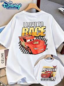 Camiseta estampada de carreras de Rayo McQueen de Disney, apta para niños, estampado McQueen n.° 95 - Camiseta estampada a doble cara, camiseta de manga corta de verano para hombre, camiseta de manga corta de algodón 100 % de alta calidad, holgada, transpirable, camiseta de manga corta para verano, universal para hombres y mujeres, imprescindible para los fans de Disney, ropa de viaje a Disneyland, parejas, ropa casual, ropa urbana, vacaciones de verano, campus - Blanco - Ver 2