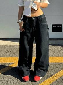 Y2K Streetwear Wide Leg Jeans Slant Pockets Wash Denim Pants Cozy High Quality Daily Casual Outdoor Back To School Fall For Women Spring Black - 黑色 - 查看 4