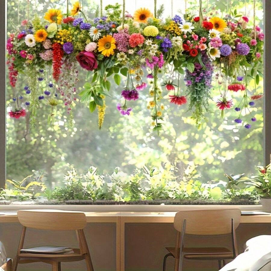 1pc Country Style Decorative Sticker, 3D Chrysanthemum & Hanging Orchid Pattern, Glass Window Decal For Dining Room - 1PC - View 1
