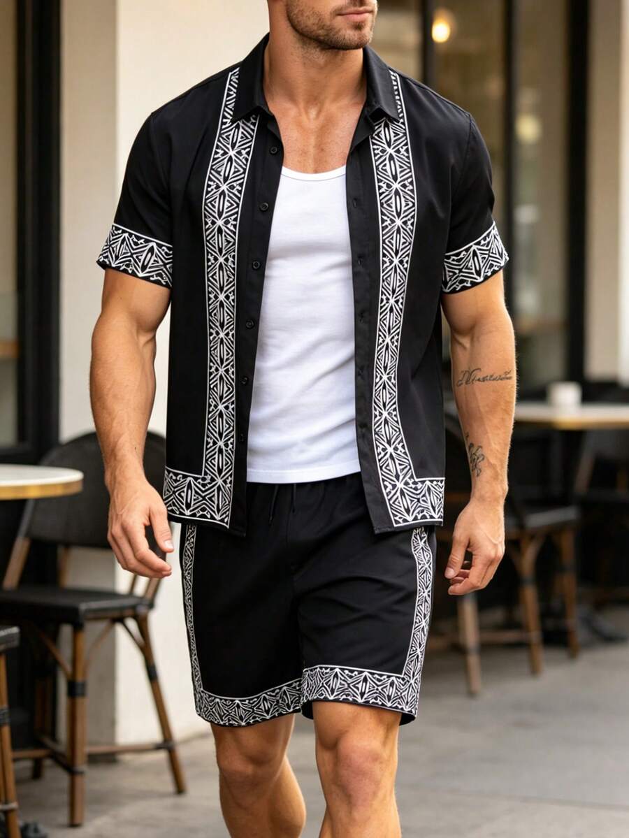Bộ đồ nam màu đen gồm áo sơ mi ngắn tay in họa tiết hình học và quần short cạp chun có dây rút, thích hợp cho kỳ nghỉ. - màu đen - Xem 1