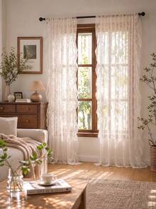 1pc White Peony With Ruffle Edge Curtain Panel, French Chic Romantic Ruffle Edge Curtain Suitable For Bay Window, Living Room, Bedroom, Office, Kitchen, Study - White - View 11