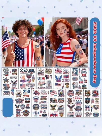10pcs New American Flag Temporary Tattoos, 250th Independence Day Party Stickers - These Temporary Tattoos Make Perfect Fun & Unique Party Favors And Holiday Decorations