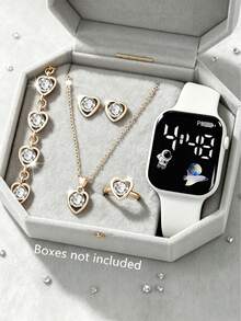 6/1pc Fashionable Minimalist Elegant Cute Women's Square Digital LED Screen Electronic Watch, Suitable For Wearing With Heart-Shaped Crystal Jewelry Like Necklace, Bracelet, Earrings, Rings, Perfect For Parties, Gatherings, Birthdays, Holidays, Also An Ideal Gift For Friends, Mothers, Girlfriends On Mother's Day, Back To School Season, Wedding Season - Multicolor - View 1