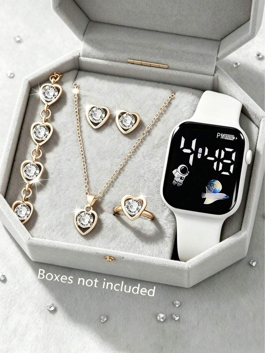 6/1pc Fashionable Minimalist Elegant Cute Women's Square Digital LED Screen Electronic Watch, Suitable For Wearing With Heart-Shaped Crystal Jewelry Like Necklace, Bracelet, Earrings, Rings, Perfect For Parties, Gatherings, Birthdays, Holidays, Also An Ideal Gift For Friends, Mothers, Girlfriends On Mother's Day, Back To School Season, Wedding Season - Multicolor - View 1