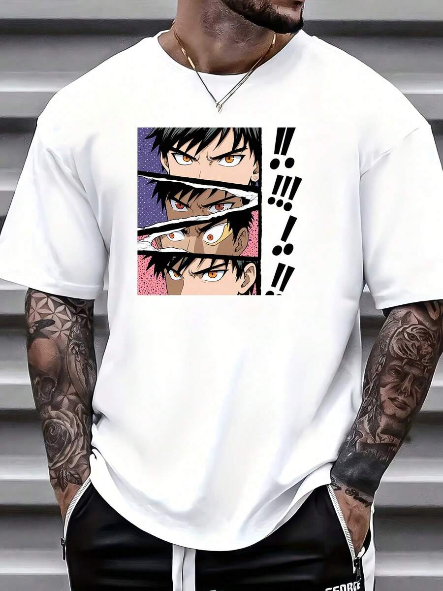 Men's T-Shirt With Cool Anime Design - Perfect Gift For Family And Friends, Ideal For Summer Parties And Workouts, Fashionable Short Sleeve T-Shirt For All Occasions And Holiday Seasons, 2026 Style, Comfortable Fit For All Four Seasons, 215% Cotton - 白色 - 查看 1