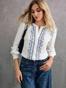 2026 Blusa elegante de mujer con estampado floral, manga abullonada y abotonadura sencilla, estilo bohemio vintage, blusa de manga larga blanca, blusa de estilo bohemio para mujer, blusa de manga larga, blusa de otoño para mujer, blusas y camisas occidentales para mujer, blusa abotonada estilo bohemio - Blanco - Ver 4