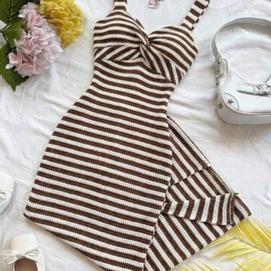 Vestido casual de media longitud con diseño de rayas y tiras gruesas ajustado para mujer - Café integral - Ver 1