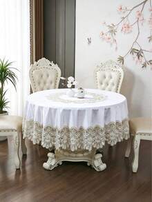 HXARTMIS 1 buah Taplak Meja Bundar Beludru Putih Elegan dengan Hiasan Renda Berongga, Taplak Meja Makan Mewah yang Menutupi Seluruh Meja, Cocok untuk Meja Makan, Dekorasi Pernikahan dan Pesta, Kain Lembut dan Tahan Kerut - Putih - View 1