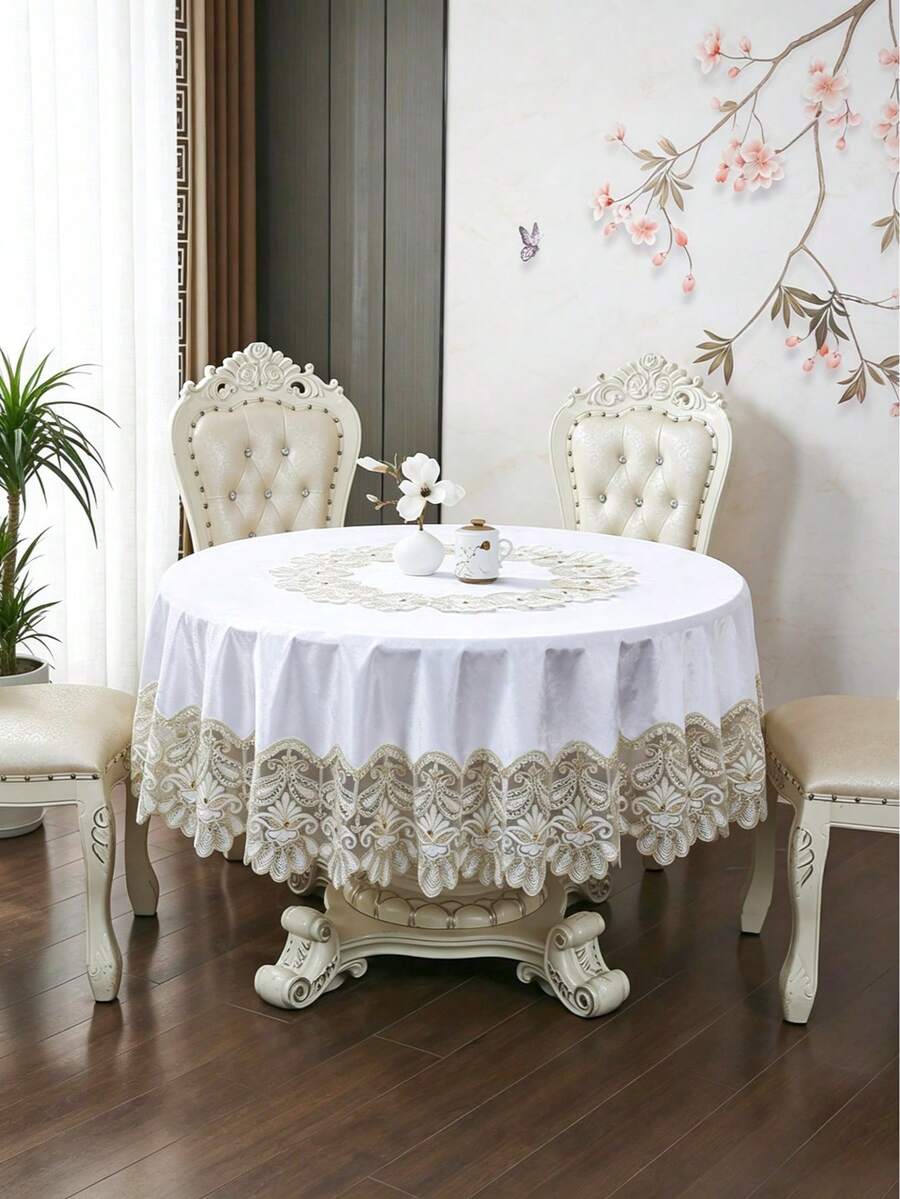 HXARTMIS 1 buah Taplak Meja Bundar Beludru Putih Elegan dengan Hiasan Renda Berongga, Taplak Meja Makan Mewah yang Menutupi Seluruh Meja, Cocok untuk Meja Makan, Dekorasi Pernikahan dan Pesta, Kain Lembut dan Tahan Kerut - Putih - View 1