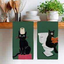 2pcs Cat Pattern Printed 40*60cm Soft Fiber Kitchen Towels, Absorbent Dish Cloths, Farmhouse Style Towels, Suitable For Kitchen, Bathroom, Housewarming Gifts, Great Value For Home - Green - View 8