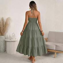 Vestido largo holgado de estilo vacacional con cuello halter, de color liso, transgresor, con espalda descubierta, para la temporada primavera-verano de 2026 - Verde - Ver 5