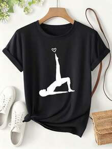 Camiseta de Mujer con Estampado de Yoga y Corazón, Estilo Dulce y Fresco Primavera/Verano 2026, Manga Corta, Ajuste Diario, Top Holgado, Diseño Versátil y Moderno con Temática de Corazón Deportivo, Ropa de Mujer para Vacaciones - Negro - Ver 6