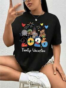 Women's Oversized T-Shirt, Officially Licensed, For Spring And Summer, Featuring A Castle Fireworks Design And Perfect For 2026 Family Vacations. This New Casual Short-Sleeve T-Shirt Is Stylish, Breathable, And Comfortable. Summer T-Shirts For Women. 100% Casual, Loose-Fitting, Cartoon-Print, Short-Sleeve T-Shirts For Summer. - 黑色 - 查看 8