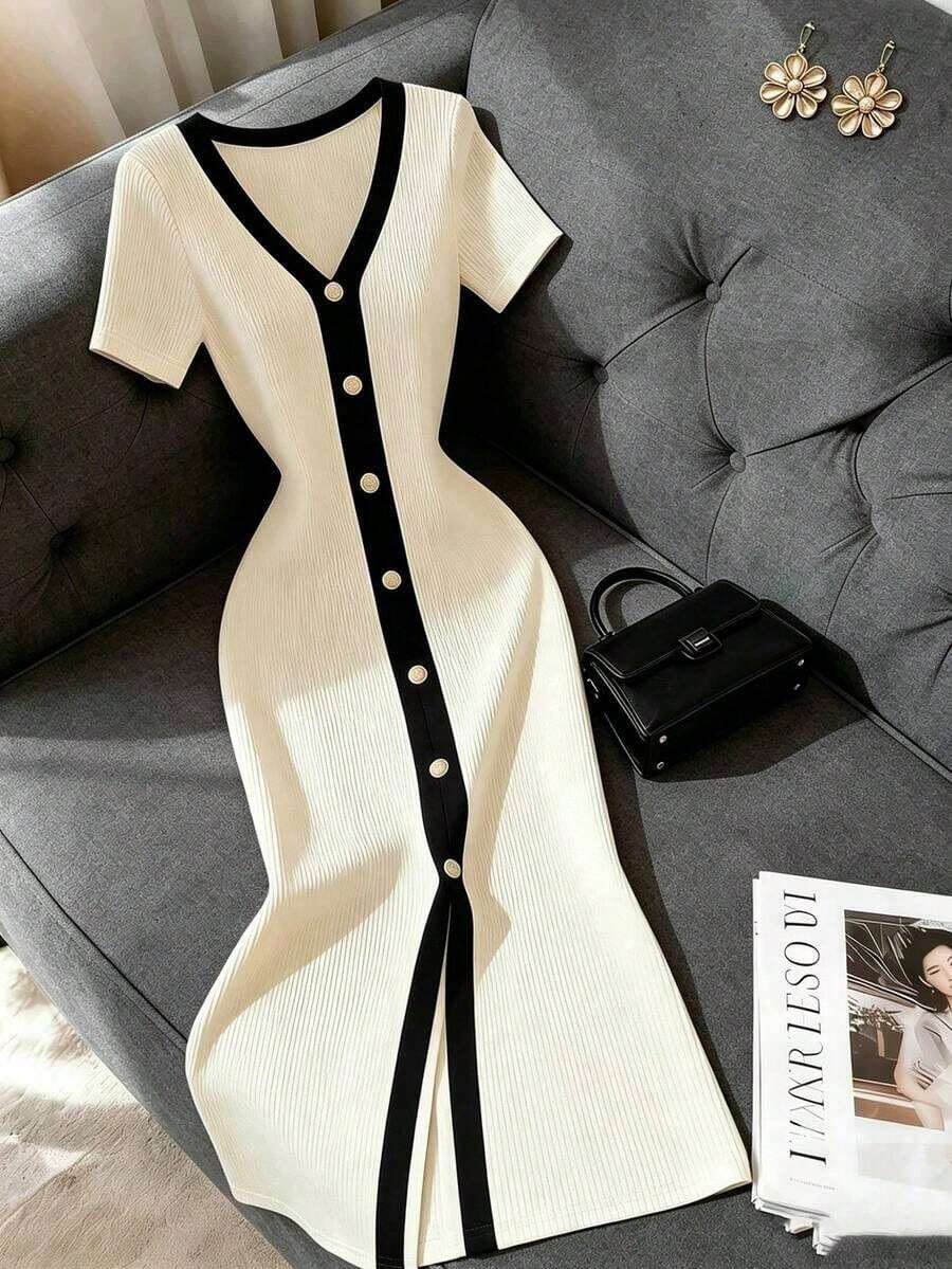 fsfvgsFranclia Vestido informal/de trabajo para mujer, estilo francés, con escote en V, ribete de rayas verticales, botones y abertura frontal en el dobladillo.sbfb s XIC2 - Albaricoque - Ver 1