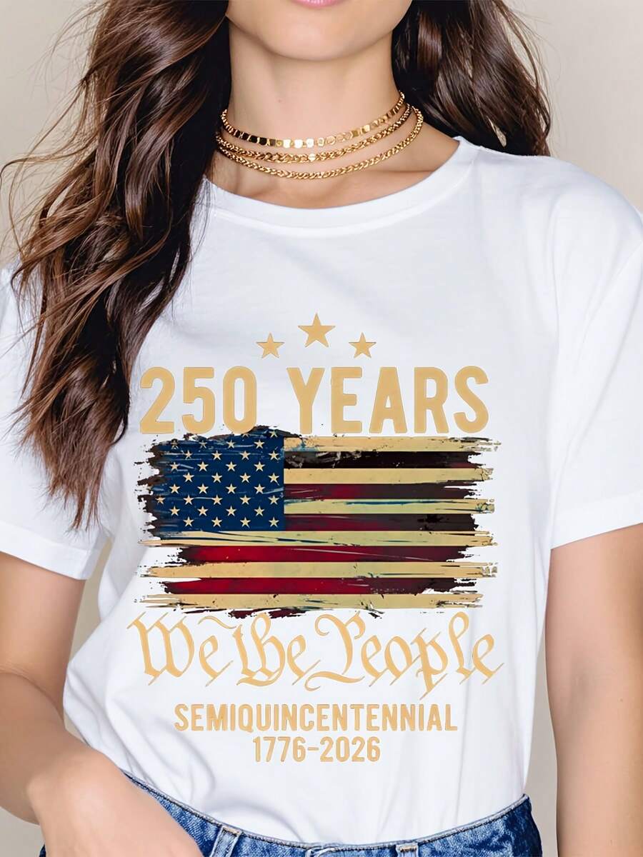 Women Casual T Shirt White Short Sleeve We The People 250 Years American Flag Print Semiquincentennial 1776 2026 Design - 白色 - 查看 1