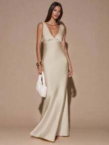 dfgSHEIN  Vestido de tirantes con escote en V profundo y espalda descubierta, de unicolor amarillo/crema, de estilo minimalista y sexy, adecuado para fiestas, cócteles, ocasiones formales, dama de honor, cumpleaños, Navidad y casual de negociosafd KGKB - Albaricoque - Ver 4